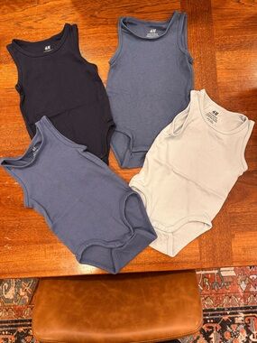 H&M Sleeveless Cotton Bodysuit, 100% Cotton, 12 Months, Blue/Navy/Light Blue